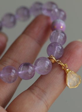 天然薰衣草紫水晶手链搭配珐琅彩极光星空配饰纯银鎏金镶嵌白水晶