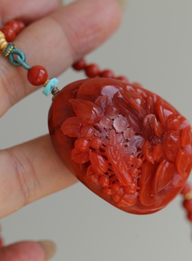 收藏品天然满色满肉精雕牡丹花喜鹊图纯手工精雕天然满色满肉长链