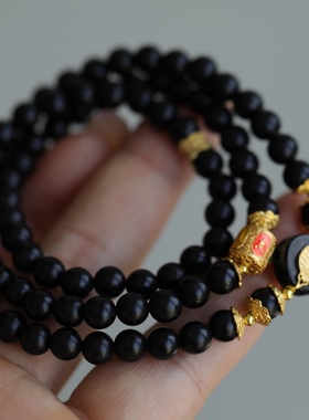 天然墨玉多圈手链搭配纯银鎏金镶嵌茶水晶纯银鎏金珐琅彩四面佛