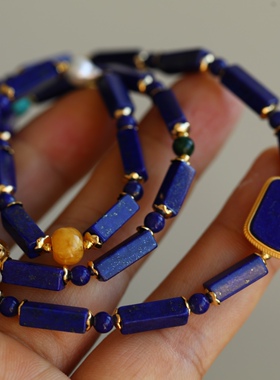 高端定制天然青金石直管多圈设计手链项链两用款搭配纯银鎏金镶嵌