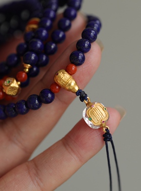 天然青金石多圈手链项链纯银鎏金古法配饰南红配珠纯银鎏金三通63