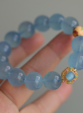 高端定制天然海蓝宝手链纯银鎏金镶嵌海蓝宝古法配饰纯银珐琅彩63