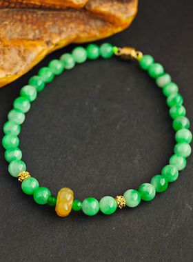 翡翠圆珠手串中间点缀黄翡翠珠搭配18K金瓜瓞纹隔珠寓意多子多福