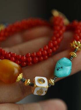 天然樱桃红南红手链配天然原矿松石随形南红青金纯银鎏金莲花挂扣