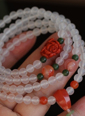 高端定制天然荔枝冻长链配天然南红牡丹花南红碧玉配珠蜜蜡如意锁