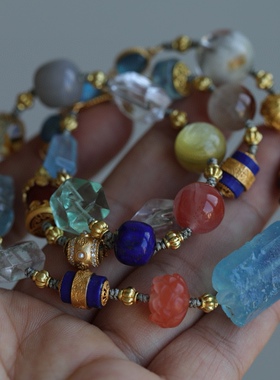 天然海蓝宝原石桶珠搭配沉香纯银珐琅彩天珠幽灵青金石白水晶随形