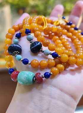 原创老蜜蜡108佛珠设计款手链成色很好配天然南红青金石原矿绿松