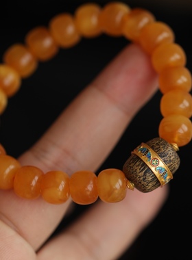 天然老花蜡老形珠手链纯银鎏金珐琅彩镶嵌沉香桶珠简约大气