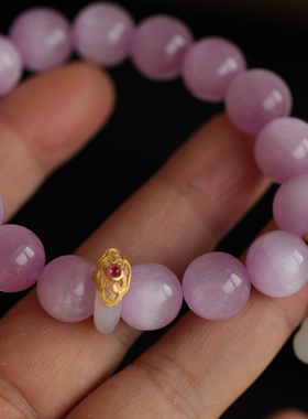 天然紫锂辉手链配纯银鎏金镶嵌荔枝冻转环和田玉小锁镶嵌紫牙乌63