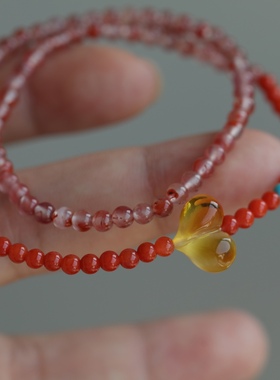 天然南红渐变色双圈手链搭配天然金珀爱心松石配珠精致简约