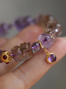 高端定制天然紫水晶精雕貔貅手链超美的成色和晶体配纯银鎏金配饰