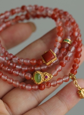 天然冰飘南红多圈鸿运当头的料子配纯银鎏金镶嵌南红碧玉鎏金吊坠