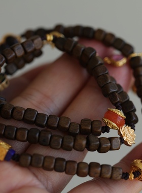 天然沉香手工绳项链一颗珠子一个结老玛瑙桶珠纯银鎏金镶嵌青金石