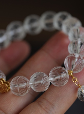 天然白水晶精雕莲花珠手链搭配纯银鎏金镶嵌蝴蝶配饰白水晶玉兰花