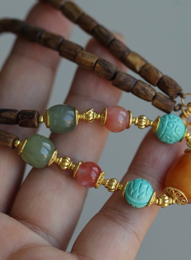 天然沉香直管项链搭配天然和田玉老形珠盐源玛瑙菱镁矿天然老花蜡