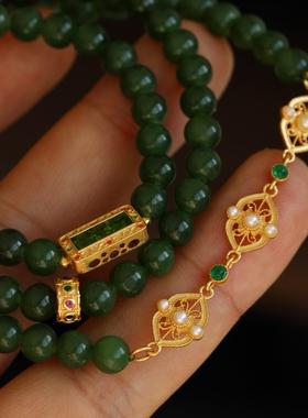 高端定制天然碧玉多圈搭配纯银绿碧玺如意链条手链项链两用款