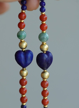 天然青金石手链搭配天然南红翡翠配珠天然青金石屁桃上手超美