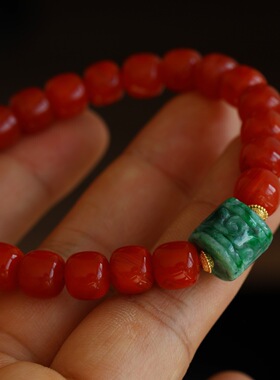 简约大气天然南红老型珠手链正宗川料樱桃红搭配天然翡翠A货回纹