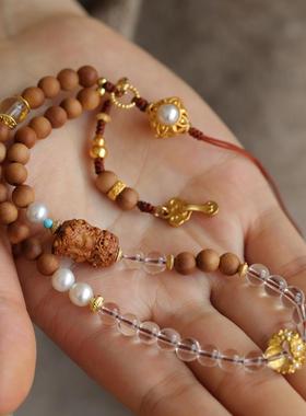 手机挂饰也可做包挂钥匙扣天然老山檀白水晶珍珠配饰纯银鎏金葫芦