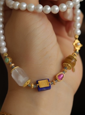 高端定制天然淡水珍珠项链搭配鎏金珍珠挂扣金虎眼碧玺葫芦青金石