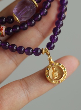 天然紫水晶多圈搭配纯银鎏金弥勒佛吊坠紫水晶随形珐琅彩配饰