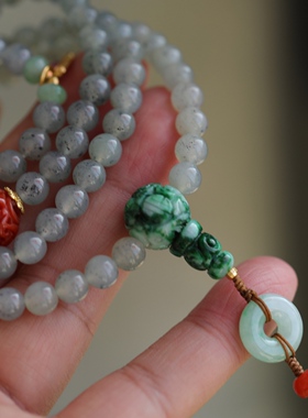 高端定制天然冰乌鸡翡翠108粒长链懂货的收天然红翡精雕仿古珠63