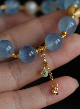 天然海蓝宝手链超美天空蓝深蓝色超美的晶体高端品质纯银鎏金爱心