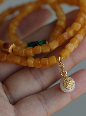 超美的设计天然蜜蜡多圈纯银鎏金镶嵌翡翠回纹珠南红配饰淡水珍珠