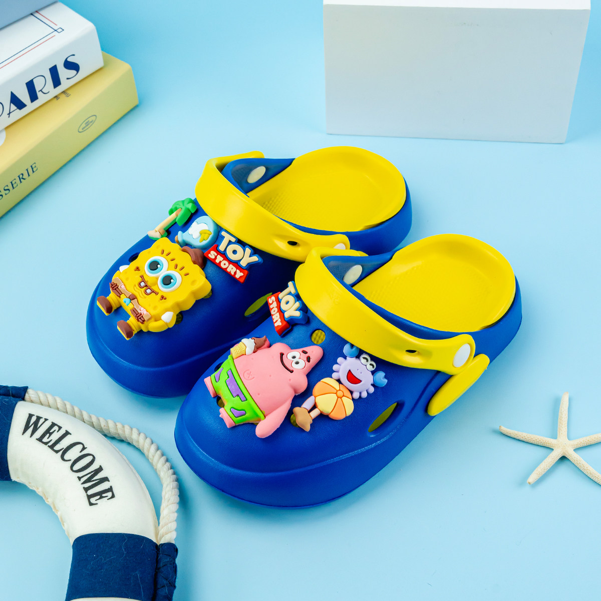 新款男童拖鞋卡通海绵宝宝双拼色百搭eva洞洞鞋软底防滑包头凉鞋,淘宝优惠券,粉丝福利购,淘宝优惠卷