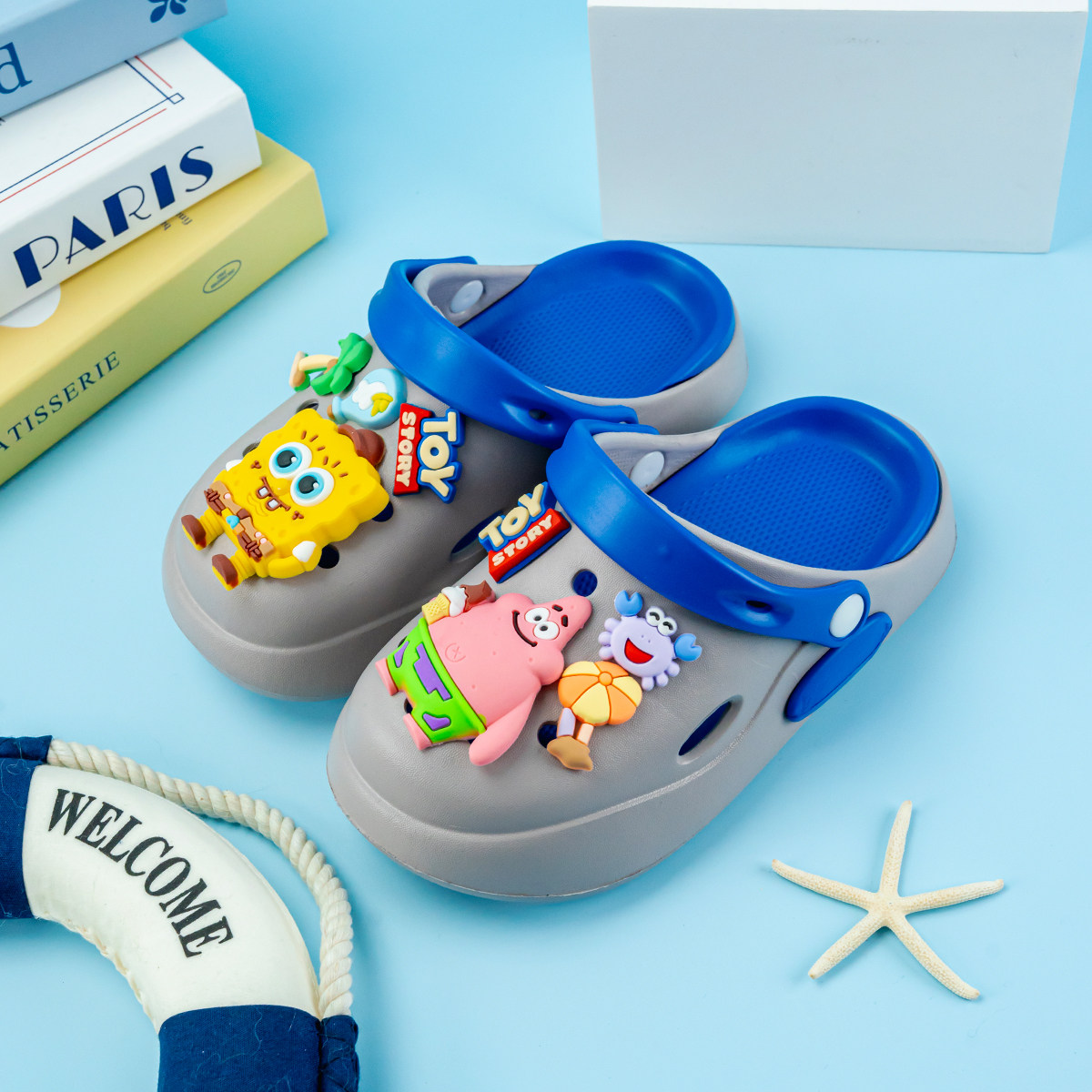 新款男童拖鞋卡通海绵宝宝双拼色百搭eva洞洞鞋软底防滑包头凉鞋,淘宝优惠券,粉丝福利购,淘宝优惠卷