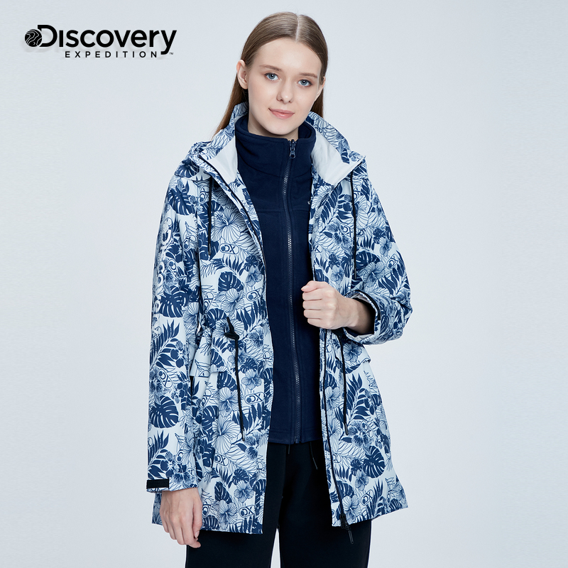 Discovery冲锋衣女秋冬新品三合一防风衣外套加绒旅游户外登山服-图1