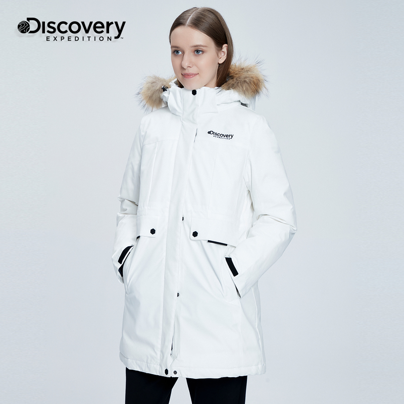 Discovery羽绒服女中长款冬季新品红色工装户外鹅绒蓄热保暖外套