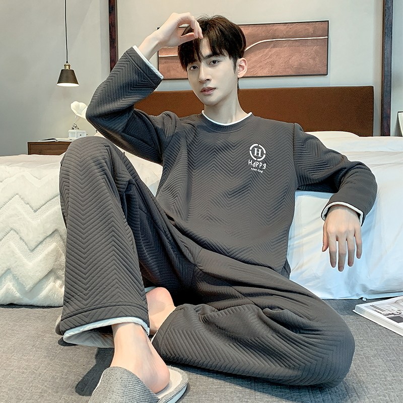 睡衣男士春秋加厚纯棉长袖圆领秋冬款全棉夹棉冬季大码家居服套装,淘宝优惠券,粉丝福利购,淘宝优惠卷