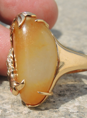 方言和田玉珍品红金皮一线天金包银籽料原石18K金镶玉豪华戒指F