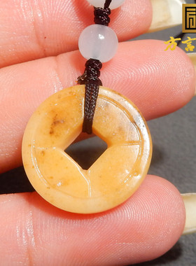 特惠方言和田玉老熟唐河料黄沁温润黄玉平安扣手机链吊坠挂件R5