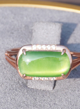 方言俄料冰苹果绿碧玉银镶玉戒指