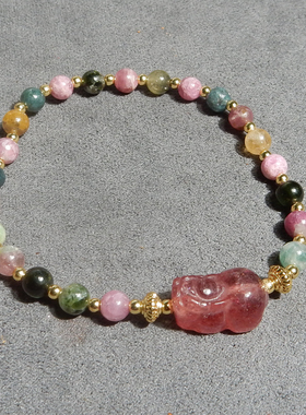 巴西原石原矿碧玺单圈貔貅手串