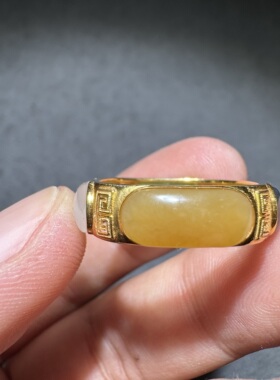 收藏级方言和田玉老熟碧玉冰底藕粉黄金糖青花黑白分明18K金戒指S