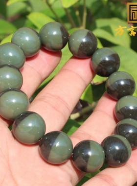 惊呆了和田玉精品新疆玉龙河双色沙枣青籽料16mm圆珠手串A1