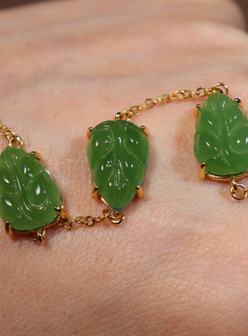 方言和田玉精美佩戴级俄罗斯碧玉苹果绿金枝玉叶银镶嵌手串手链O2