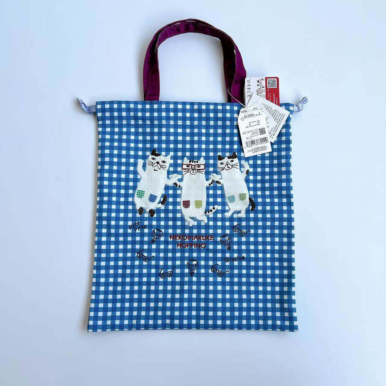 日本Kusuguru刺绣眼镜猫手提包手拎包补习包抽绳包帆布袋500,淘宝优惠券,粉丝福利购,淘宝优惠卷