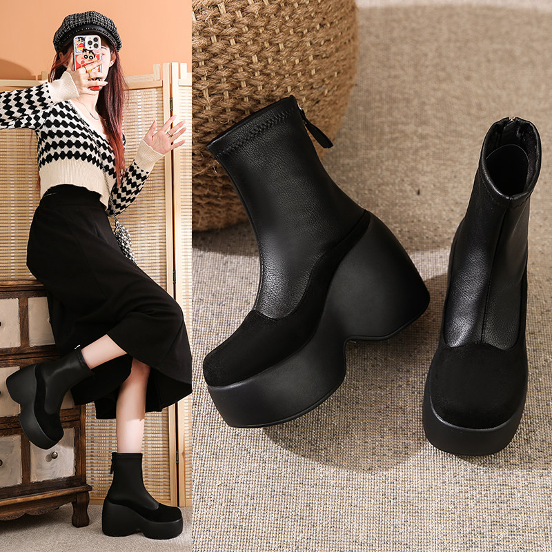 真皮大码短靴41到43冬厚底增高10cm女鞋洋气百搭小个子坡跟马丁靴,淘宝优惠券,粉丝福利购,淘宝优惠卷