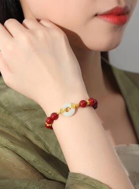 S925纯银手串天然和田玉紫金砂平安扣手链女民族风高级感饰品