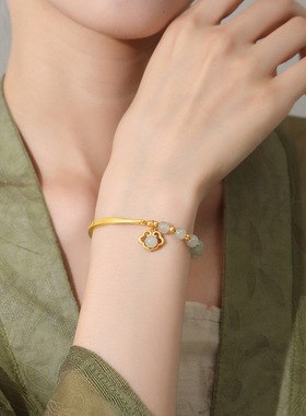 新中式手镯天然和田玉s925银可调节半镯串珠手链小众饰品女生