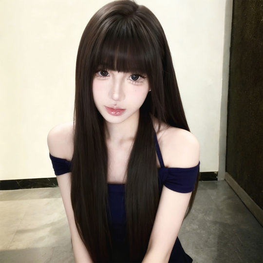 Black long straight artificial hair air bangs full headset