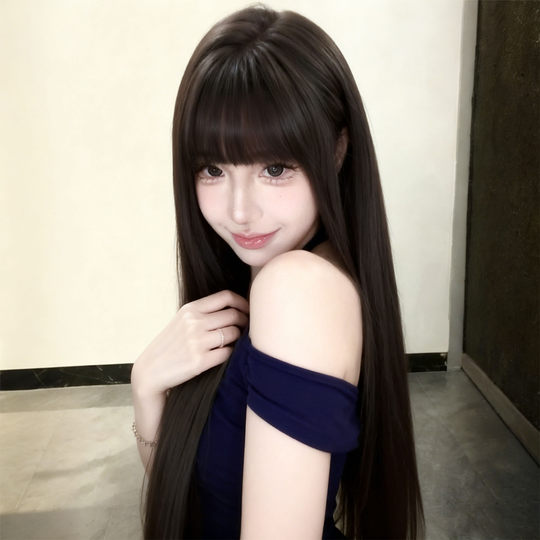 Black long straight artificial hair air bangs full headset