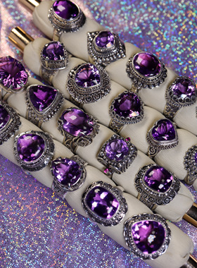 尼泊尔复古紫水晶手工纯银戒指女