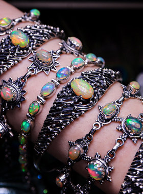 尼泊尔手工复古天然欧泊纯银手链