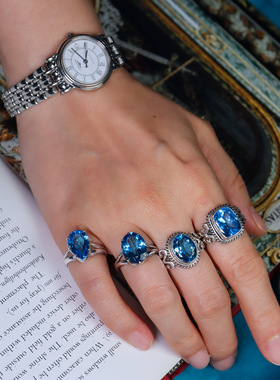 尼泊尔复古风蓝托帕石纯银戒指女