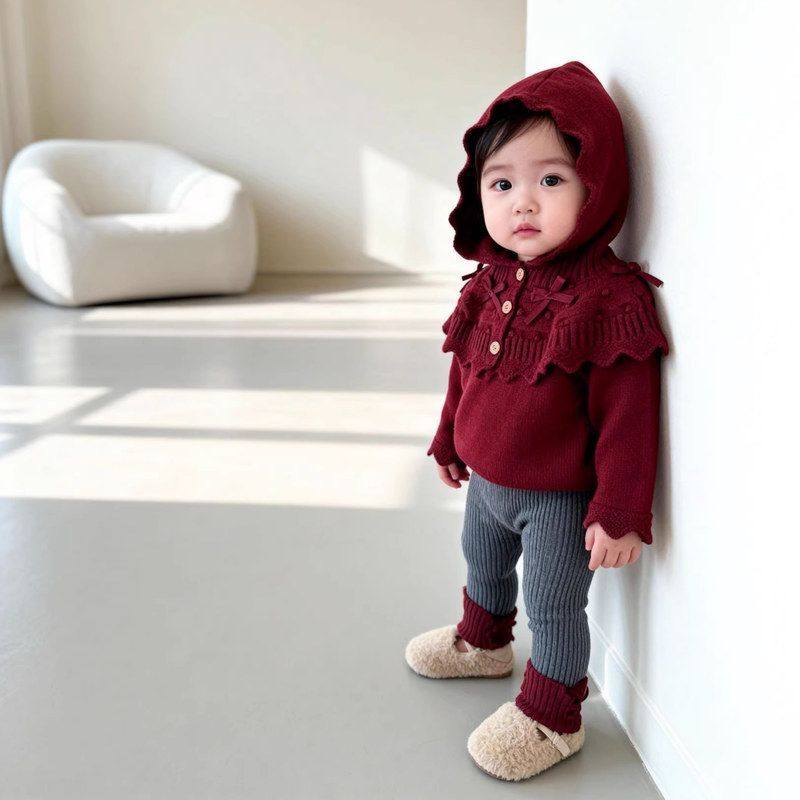 【三件套】26春针织毛线衣服套装喜庆抓周满月连帽披肩+上衣+裤子,淘宝优惠券,粉丝福利购,淘宝优惠卷